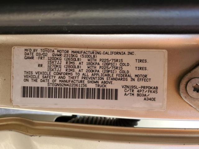 5TEGN92N42Z061156 - 2002 TOYOTA TACOMA DOUBLE CAB PRERUNNER BEIGE photo 12