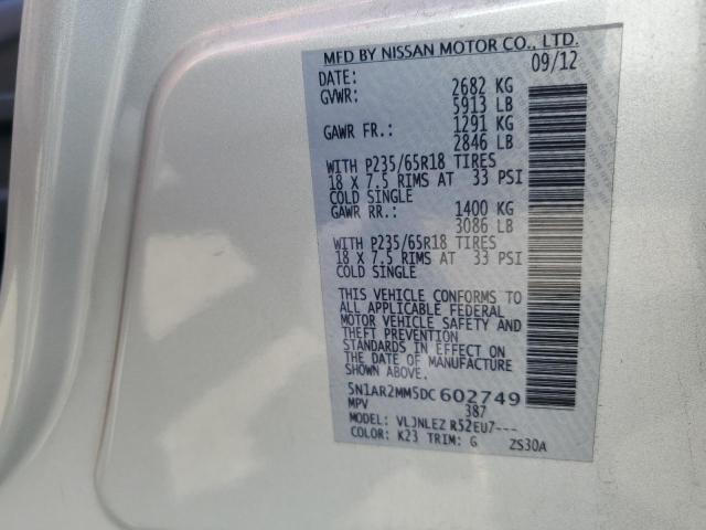 5N1AR2MM5DC602749 - 2013 NISSAN PATHFINDER S SILVER photo 12