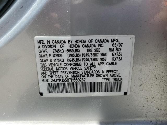 2HJYK16587H550232 - 2007 HONDA RIDGELINE RTL SILVER photo 12