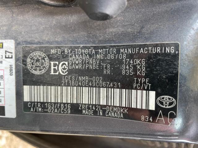 2T1BU40E49C067431 - 2009 TOYOTA COROLLA BASE GRAY photo 9