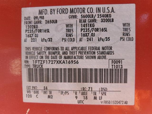 1FTZF1727XKA16956 - 1999 FORD F150 RED photo 12