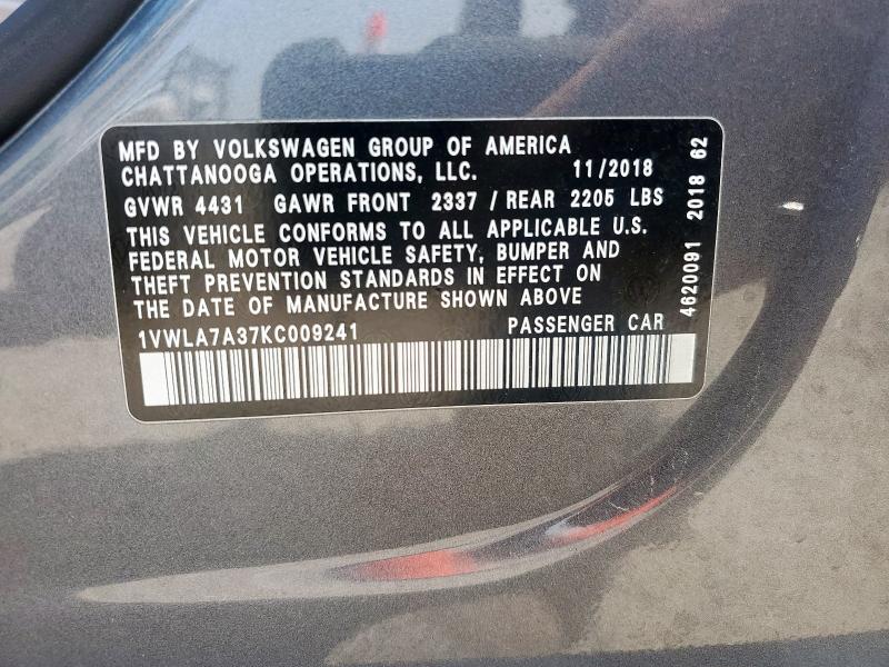 1VWLA7A37KC009241 - 2019 VOLKSWAGEN PASSAT WOLFSBURG 石墨色 照片 12
