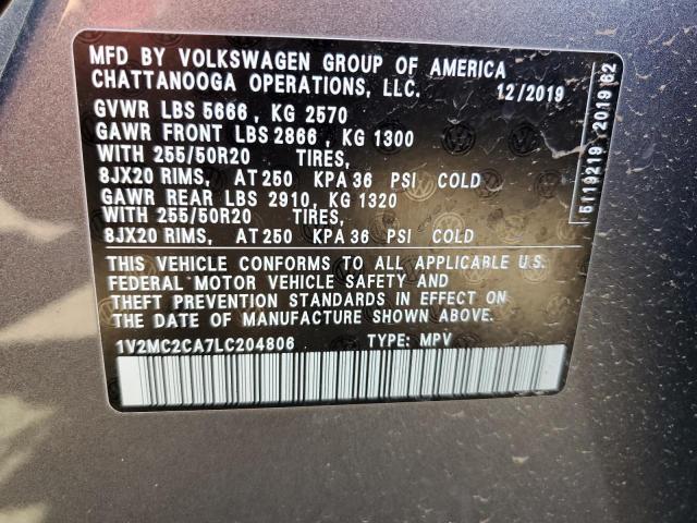 1V2MC2CA7LC204806 - 2020 VOLKSWAGEN ATLAS CROS SEL GRAY photo 10