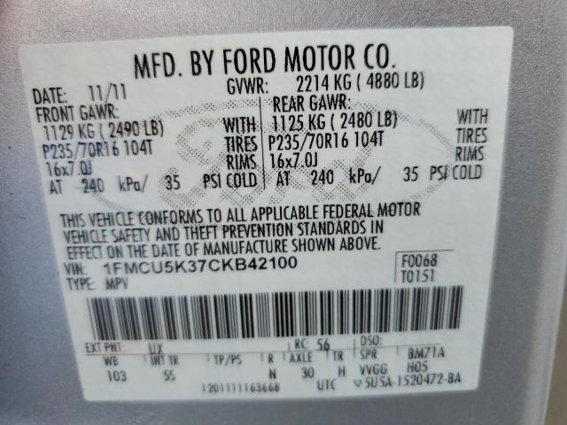 1FMCU5K37CKB42100 - 2012 FORD ESCAPE HYBRID SILVER photo 13