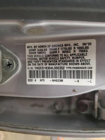 1HGES16304L000352 - 2004 HONDA CIVIC DX VP ვერცხლისფერი ფოტო 12