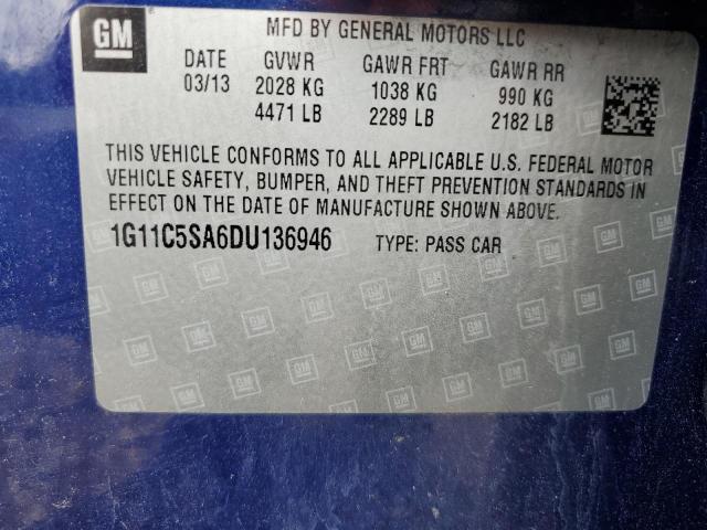 1G11C5SA6DU136946 - 2013 CHEVROLET MALIBU 1LT BLUE photo 12