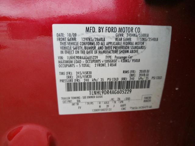 1LNHL9DR4AG605229 - 2010 LINCOLN MKS RED photo 12