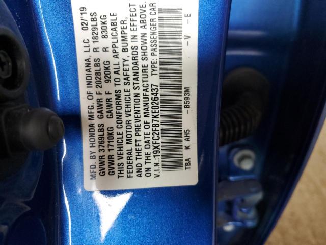 19XFC2F87KE026437 - 2019 HONDA CIVIC SPORT 蓝色 照片 12