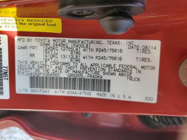 5TFJU4GN2FX064560 - 2015 TOYOTA TACOMA DOUBLE CAB PRERUNNER BURGUNDY photo 12