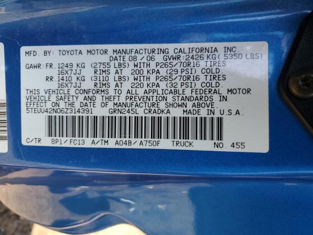 5TEUU42N06Z314391 - 2006 TOYOTA TACOMA ACCESS CAB ლურჯი ფოტო 12