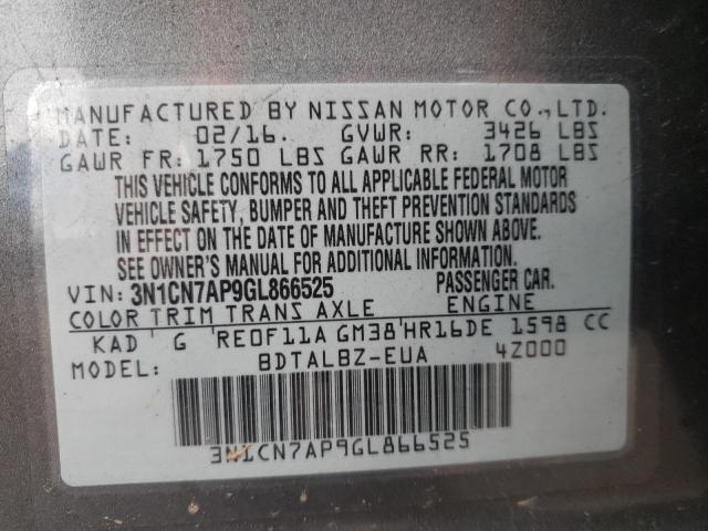 3N1CN7AP9GL866525 - 2016 NISSAN VERSA S GRAY photo 13