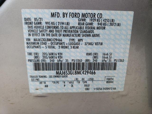 MAJ6S3GL8MC429466 - 2021 FORD ECOSPORT SE 银色 照片 12