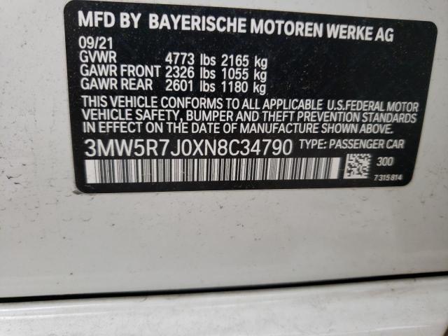 3MW5R7J0XN8C34790 - 2022 BMW 330XI WHITE photo 12