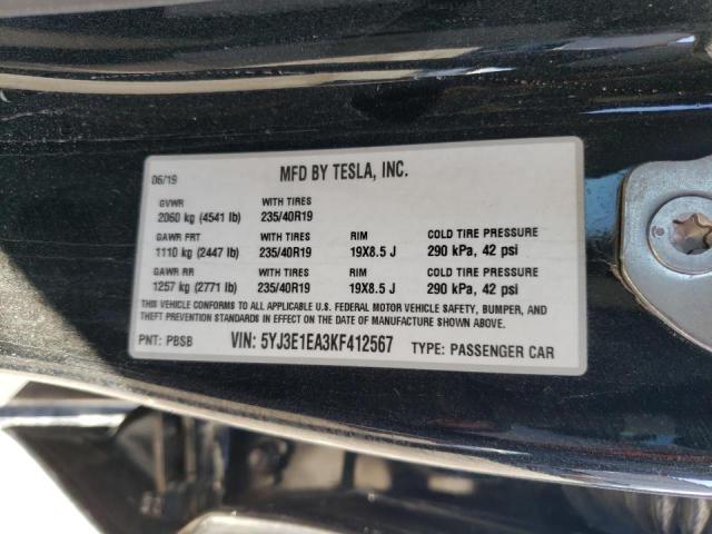 5YJ3E1EA3KF412567 - 2019 TESLA MODEL 3 BLACK photo 12