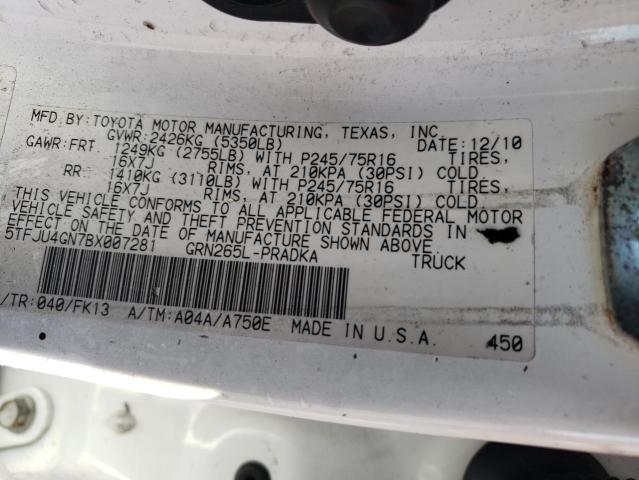 5TFJU4GN7BX007281 - 2011 TOYOTA TACOMA DOUBLE CAB PRERUNNER WHITE photo 12