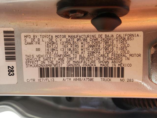 3TMJU62NX8M070537 - 2008 TOYOTA TACOMA DOUBLE CAB PRERUNNER SILVER photo 12