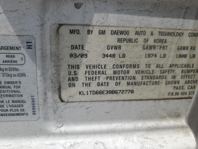 KL1TD66E39B672778 - 2009 CHEVROLET AVEO LS თეთრი ფოტო 12