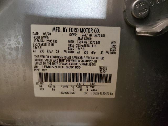 1FMSK7DH1LGC91630 - 2020 FORD EXPLORER XLT SILVER photo 13