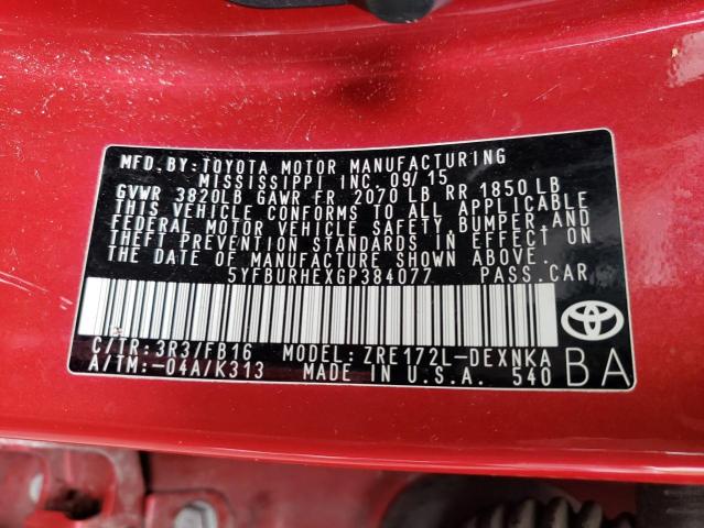 5YFBURHEXGP384077 - 2016 TOYOTA COROLLA L RED photo 13