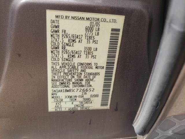 5N1AR18W85C726652 - 2005 NISSAN PATHFINDER LE 灰色 照片 12
