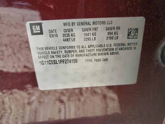 1G11C5SL1FF274158 - 2015 CHEVROLET MALIBU 1LT BURGUNDY photo 12
