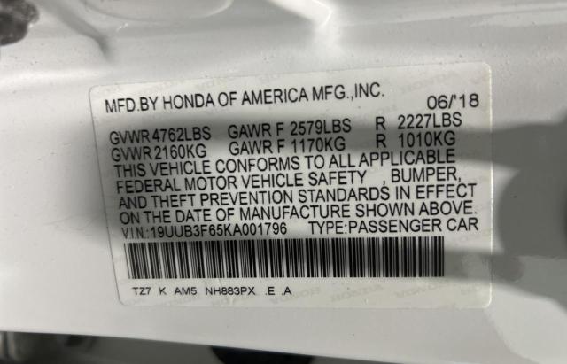 19UUB3F65KA001796 - 2019 ACURA TLX TECHNOLOGY WHITE photo 10