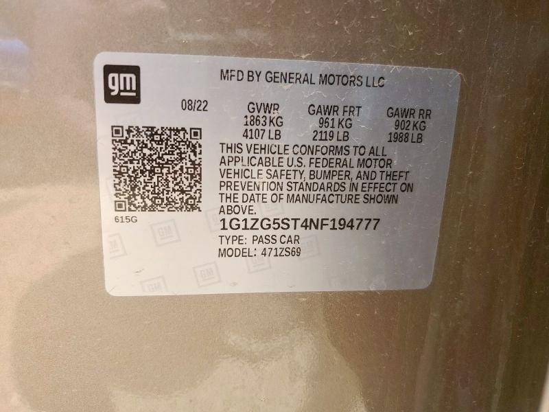 1G1ZG5ST4NF194777 - 2022 CHEVROLET MALIBU RS TAN photo 12