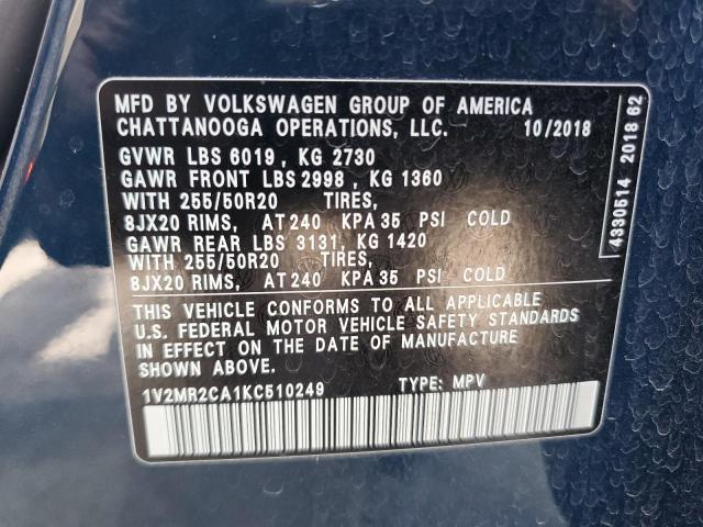 1V2MR2CA1KC510249 - 2019 VOLKSWAGEN ATLAS SEL BLUE photo 13