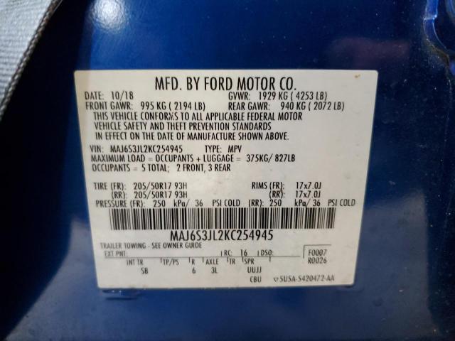 MAJ6S3JL2KC254945 - 2019 FORD ECOSPORT SES BLUE photo 12