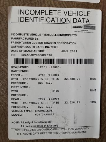 4UZACJDT8FCGK2678 - 2015 FREIGHTLINER CHASSIS XC კრემისფერი ფოტო 10
