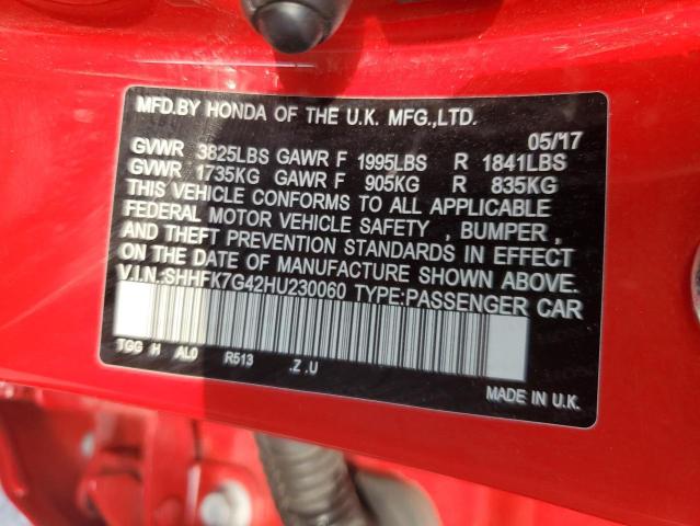 SHHFK7G42HU230060 - 2017 HONDA CIVIC SPORT 红色 照片 12