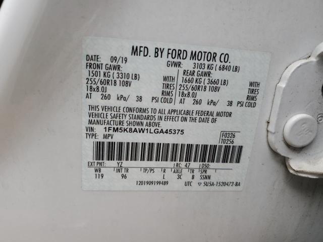 1FM5K8AW1LGA45375 - 2020 FORD EXPLORER POLICE INTERCEPTOR WHITE photo 13