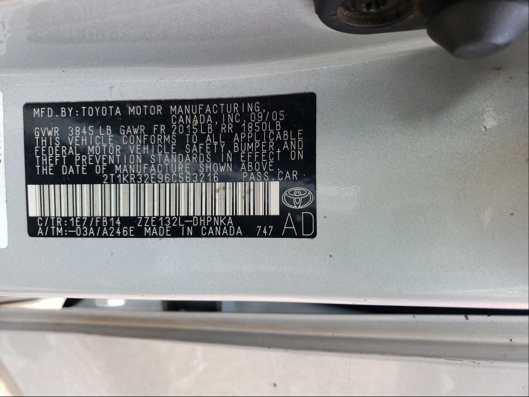 2T1KR32E96C563216 - 2006 TOYOTA COROLLA MA XR SILVER photo 10