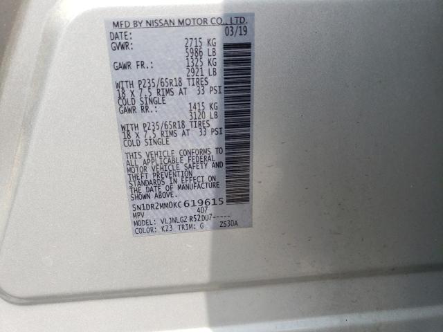 5N1DR2MM0KC619615 - 2019 NISSAN PATHFINDER S SILVER photo 12