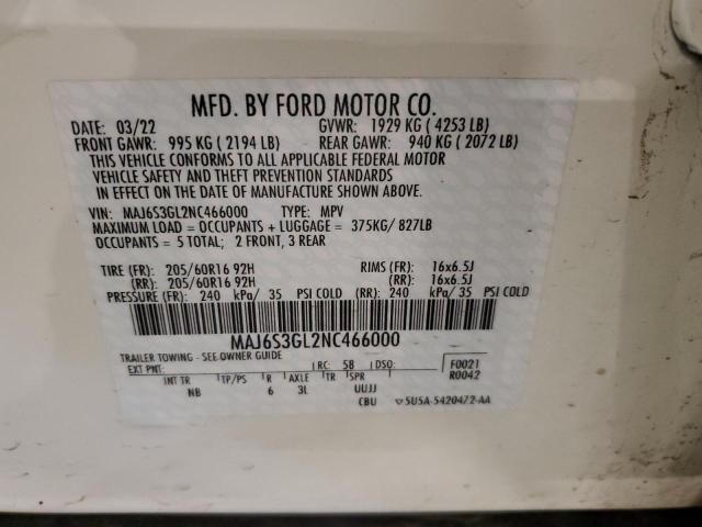 MAJ6S3GL2NC466000 - 2022 FORD ECOSPORT SE WHITE photo 13