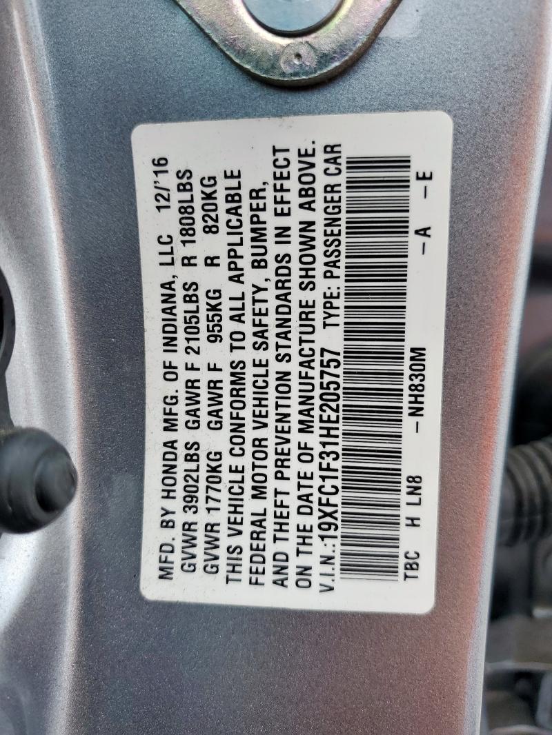 19XFC1F31HE205757 - 2017 HONDA CIVIC EX SILVER photo 13