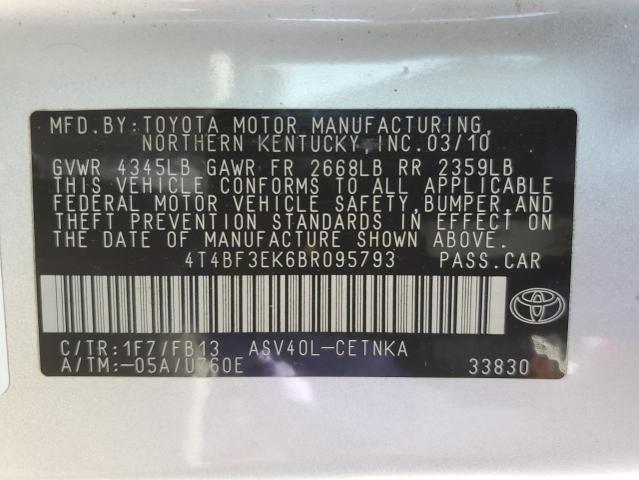 4T4BF3EK6BR095793 - 2011 TOYOTA CAMRY BASE SILVER photo 12