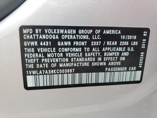 1VWLA7A36KC003687 - 2019 VOLKSWAGEN PASSAT WOLFSBURG SILVER photo 12