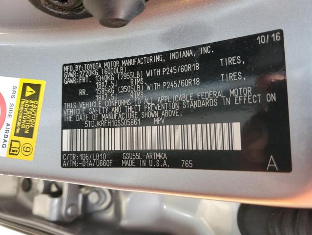 5TDJKRFH1GS505861 - 2016 TOYOTA HIGHLANDER XLE SILVER photo 13