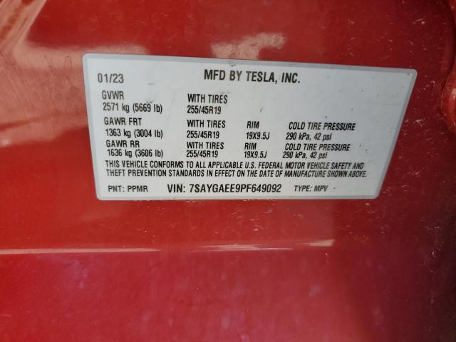 7SAYGAEE9PF649092 - 2023 TESLA MODEL Y RED photo 12