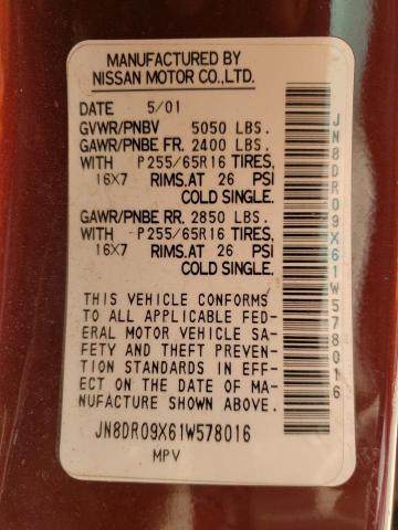 JN8DR09X61W578016 - 2001 NISSAN PATHFINDER LE 勃艮第红 照片 13