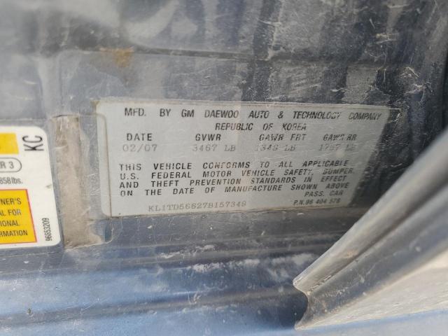 KL1TD56627B157349 - 2007 CHEVROLET AVEO BASE BLUE photo 12