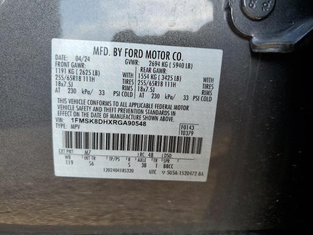 1FMSK8DHXRGA90548 - 2024 FORD EXPLORER XLT Gris photo 13