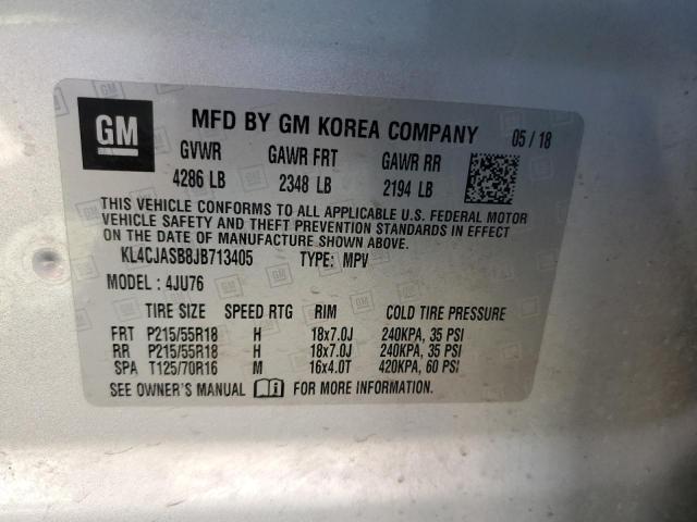 KL4CJASB8JB713405 - 2018 BUICK ENCORE PREFERRED SILVER photo 10