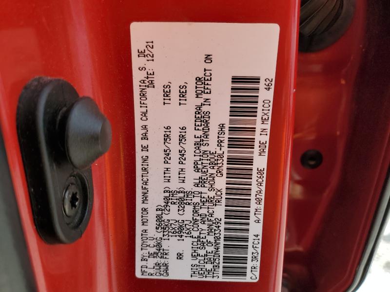 3TMBZ5DN4NM033492 - 2022 TOYOTA TACOMA DOUBLE CAB RED photo 13