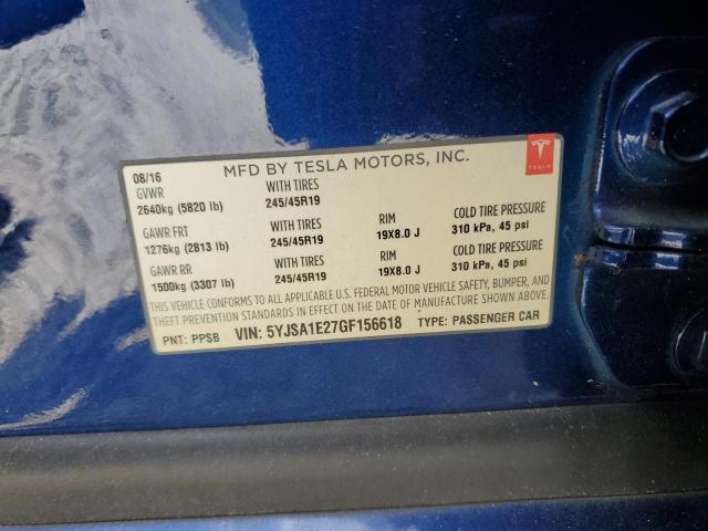 5YJSA1E27GF156618 - 2016 TESLA MODEL S Կապույտ լուսանկար 12