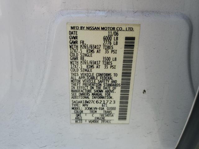 5N1AR18W27C621723 - 2007 NISSAN PATHFINDER LE WHITE photo 12