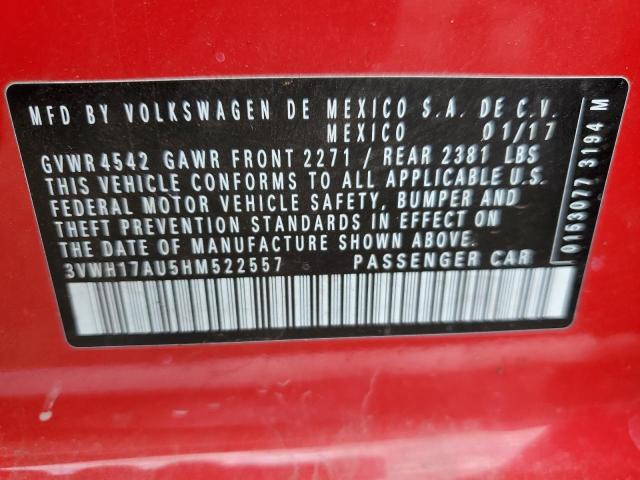 3VWH17AU5HM522557 - 2017 VOLKSWAGEN GOLF ALLTR S RED photo 13