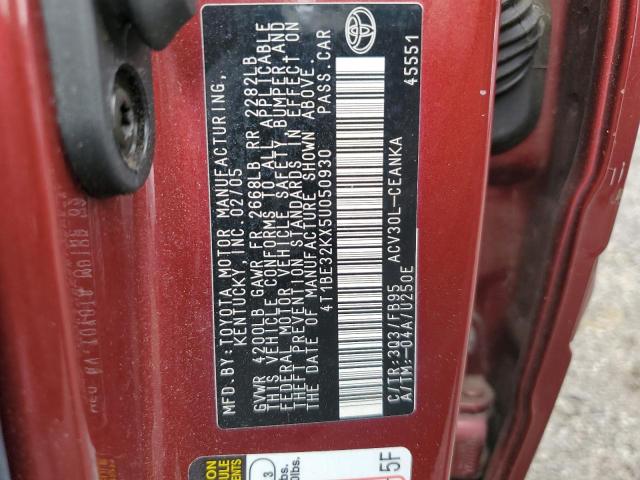 4T1BE32KX5U050930 - 2005 TOYOTA CAMRY LE RED photo 12