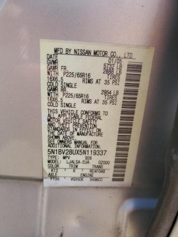 5N1BV28UX5N119337 - 2005 NISSAN QUEST S SILVER photo 13